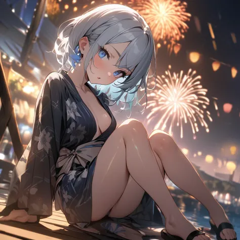 One girl、(((最high quality)), ((masterpiece)), (detailed), masterpiece, 最high quality, high quality, 超detailed, Perfect Face, ((One girl, blue eyes,  Silver Bob Hair,))、Shiny Hair、Glowing Skin、yukata、Sandals、Small Breast Summer、port、firework