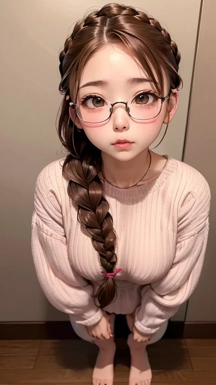 1 Female,Brown Hair, ,((Anxious expression)),Beautiful breasts、、Stylish,,(Look forward)(((Blushing、Surprised expression)),(((Braid))),((( Full body portrait)))Frameless Glasses