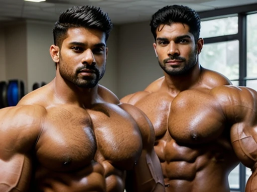 two indian realistic men posing for a picture in a gym room, 2 muscular attractive men, musclebound and hulking, muscled, big wide broad strong physique |, muscular bodies, bodybuilder physique, exaggerated muscle physique, muscular men, absurdly massive p...