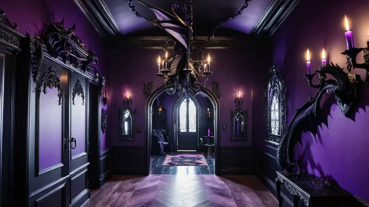 interior of a gothic themed traditional hallway with purple & black walls, dragon décor, black chandelier, haunted house, spooky, background 