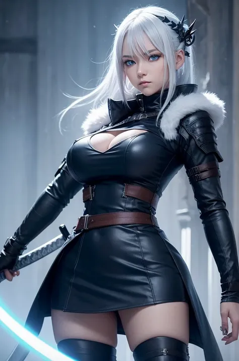 chat please create the image of a girl with white hair and light blue eyes with a light and dark blue katana with demon slayer style,and make her wear a winter hunter outfit and make her breasts bigger 