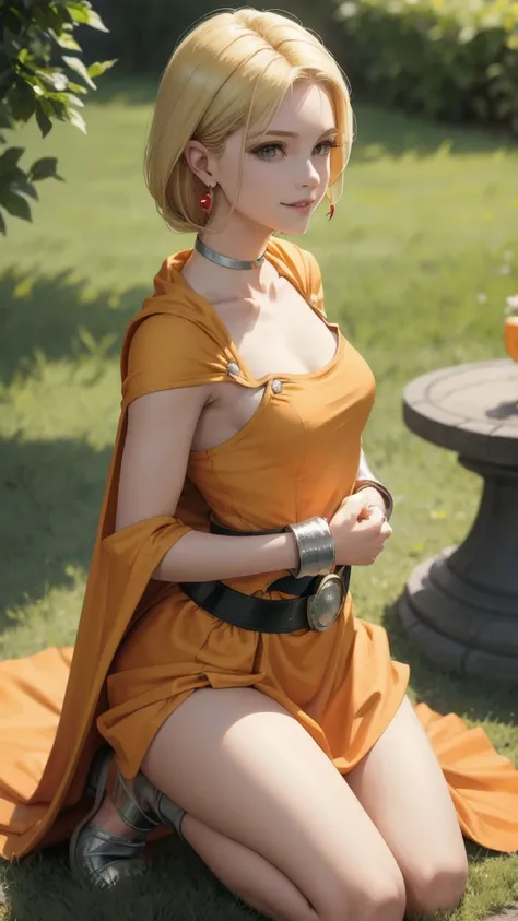 masterpiece, Highest quality, DQ Bianca, Single Blade, Earrings, choker, Blonde, Orange Cape, Green Dress, belt, looking at the camera, Kneeling, look up, Hands Behind Back, Facing forward, Small breasts, Upper Body, From the side, smile, fist