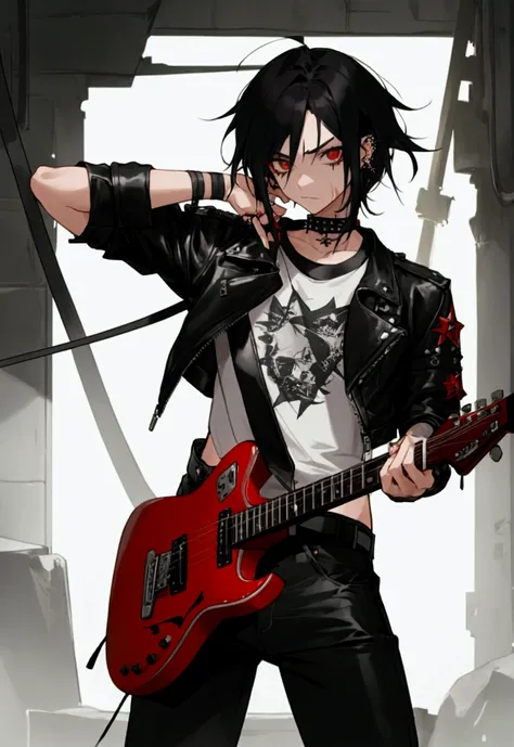 1 men, with scars on arms, alternative style, leather jacket, a rock band t-shirt, waist belt, black pants, piercings, all star, red guitar and shoulder-length black hair.