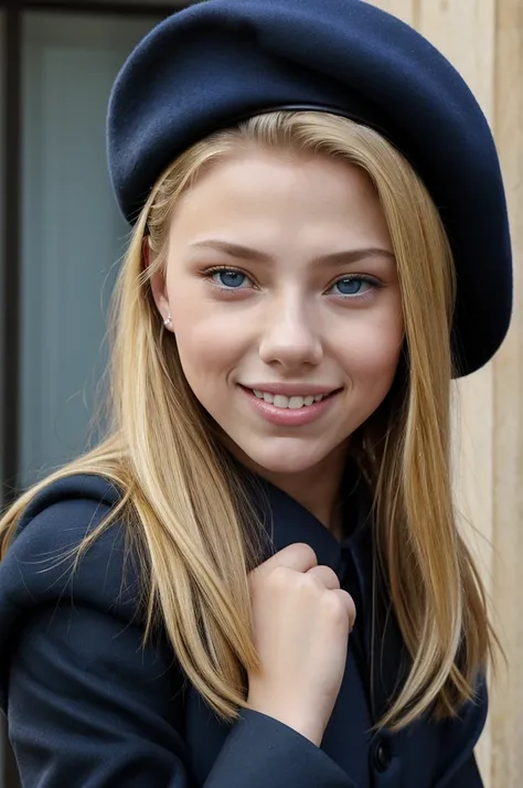 Face of a beautiful 13-year-old blonde girl identical to Scarlet Johansson with a smile and with big blue eyes and with a black beret on her head and a shield on the beret 