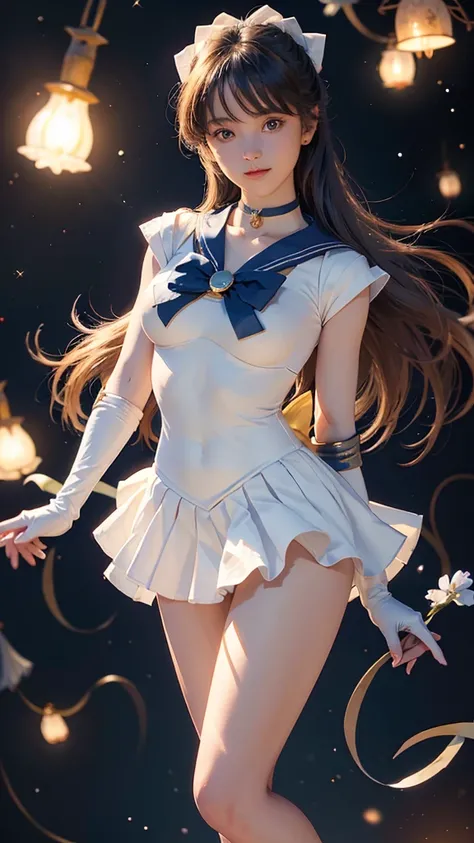 Tabletop, Highest quality, High resolution, sv1, Sailor Warrior Uniforms, Blue Skirt, Blue lace panties visible through a mini skirt、Bikini Panties、white Pantiesー, Visible from under the blue hort term、Elbow Gloves, Tierra, Faltenrock, Folding a mini skirt...