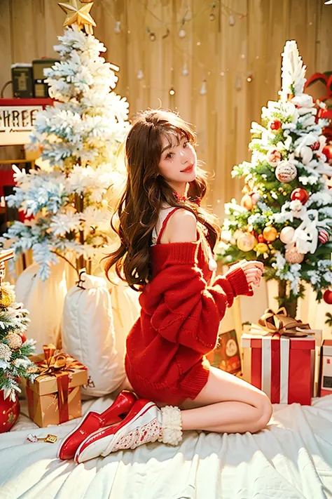 girl,Christmas tree,Brown Hair,Christmasの飾り,gift,Kneel,Long white hair,Brown eyes,Christmas,box,gift boxes,sweater,Red Shoes,smile,Sleeves are longer than the wrist,bs shoulder,Christmas lights,From one side,From one side,Looking into the distance