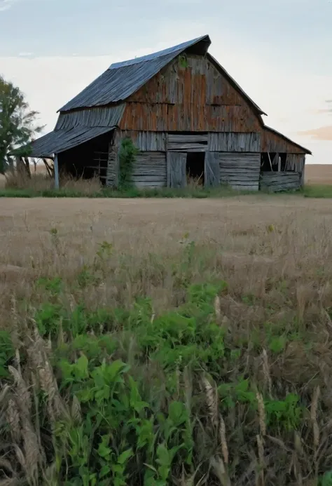 a rundown barn in an overgrown field during summer, masterpiece, 8k, ultra detailed