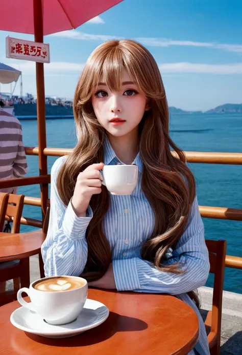 Feminized Maple Manyo, Relaxing with a cup of coffee at a seaside cafe, Long Hair Girl, Big eyes、City pop fashion、The sea spreads out before your eyes, City pop fashion