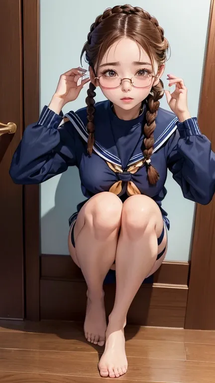 1 Female,Brown Hair, ,((Anxious expression)),Beautiful breasts、Navy blue sailor suit、Stylish,,(Look forward)(((Blushing、Surprised expression)),(((Braid))),((( Full body portrait)))Frameless Glasses