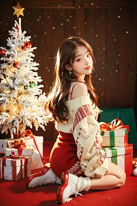 girl,christmas tree,brown hair,christmasの飾り,gift,kneel,long white hair,brown eyes,christmas,box,gift boxes,sweater,red shoes,smi...