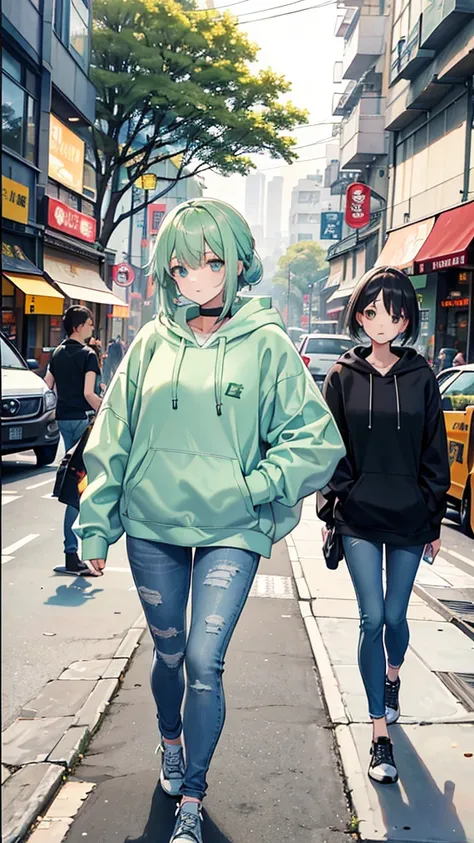 A young woman wore a light green hoodie with Chinese characters in the center. Walking on the city streets, the surrounding area has shop buildings and parked motorcycles. There was another woman in the background wearing a black hoodie and jeans. In the b...