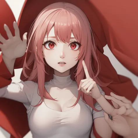 A girl with white red hair,pink eye ,white skin and hand up and one down waving