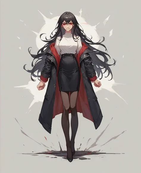 Standing full body, Anime styles female holding in her hands pair of hich heels. black skirt, no shoes on her foot, black hair, Long Hair, career woman, black jacket, dark pantyhose white shirt,red eyes ,angry (full body)