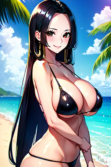 high resolution、High resolution、masterpiece、Highest quality、8K、good, ((Big Breasts、whole body)), smile, Micro Bikini, Shiny Hair, Shiny skin, Big Breasts 、Beach、Ocean、Long black hair