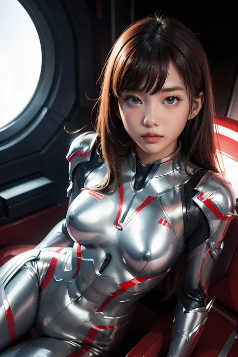 Ultraman、realistic、realistic、cinematic lighting, Girl in a shiny red and silver suit、15 years old、professional photos、Don&#39;Do not expose your skin, japanese model, japanese cgi、Ultraman Suit、, Power Rangers Suit、tight and thin cyber suit,Whole body rubb...