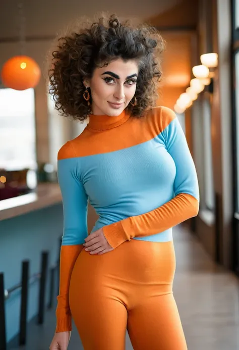 A beautful jeish women with a thik bush unibrow and a large bulbous nose. brown hair that is extremy curly and kinky, Wearing a burnth orange undershoulder sweater dress and baby blue leggings.
