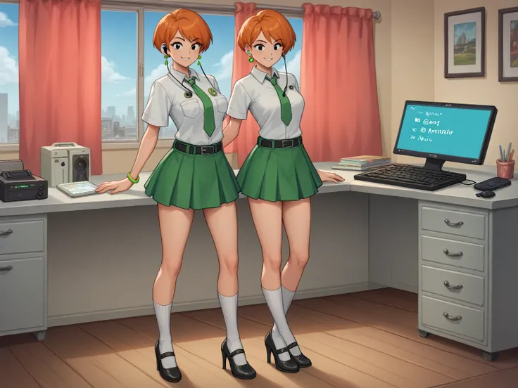 score_8_up, score_7_up, break, screencap, 1girl, solo, orange hair, teenage, short hair, green hairband, green hairclips, black ...