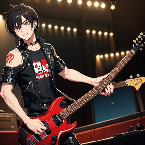 1 men, with scars on arms, alternative style, leather jacket, a rock band t-shirt, waist belt, black pants, piercings, all star, red guitar and shoulder-length black hair.