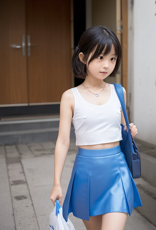 Two 10-year-old, Japanese elementary school girls, 110 cm tall and small titsed, (Flat chest), are walking to school and (((Walking to school with a randoseru))), wearing Baby blue micro mini high cut skirt, Baby blue micro mini high cut tank tops, ((The f...