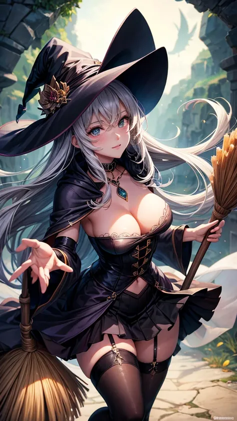 A beautiful and sexy witch riding a broom