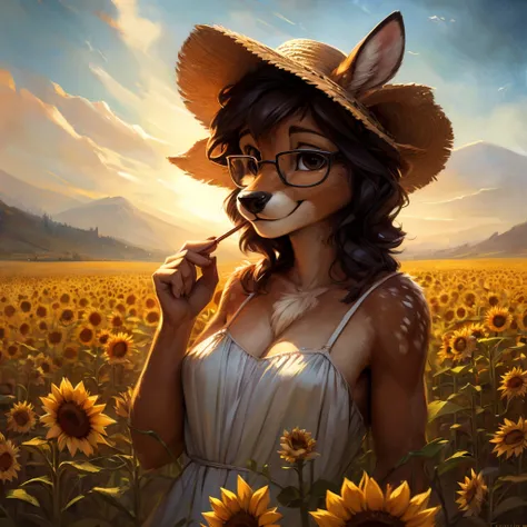 uploaded on e621, by Pixelsketcher, by Bayard Wu, by Thomas Benjamin Kennington , by Einshelm, by hioshiru and kenket, Chunie, portrait, solo anthro female deer doe, with small featureless breasts, clear dark blue, cinematic lighting, day, sunny day, sunfl...