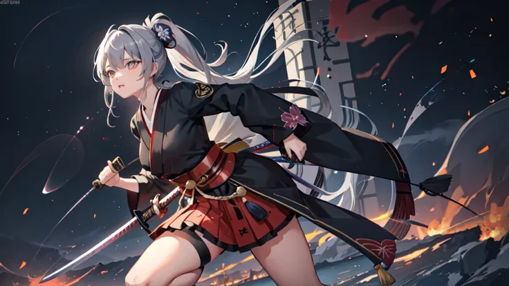 one girl, kimono, ponytail ,gray hair, grey eyes, wallpaper, landscape, depth of written boundary, night,shinsengumi, kyoto, hol...