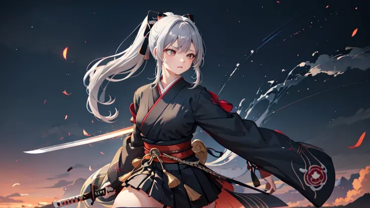 One girl, kimono, ponytail ,Gray Hair, Grey Eyes, wallpaper, landscape, Depth of written boundary, night,Shinsengumi, Kyoto, Holding a Japanese sword in his right hand, Striped pattern, Particles of light, light, Side Lighting, Thighs, destiny (series), Ge...