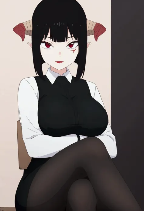 work of art, best qualityer, ultra detali, illustration, colorfully, flat colour, Depth of field, 1 girl, sitting down, Bblack hair, horns on head, Eyes red, , gazing at viewer, in the office, black business dress, pantyhose, black pantyhose, Detailed text...