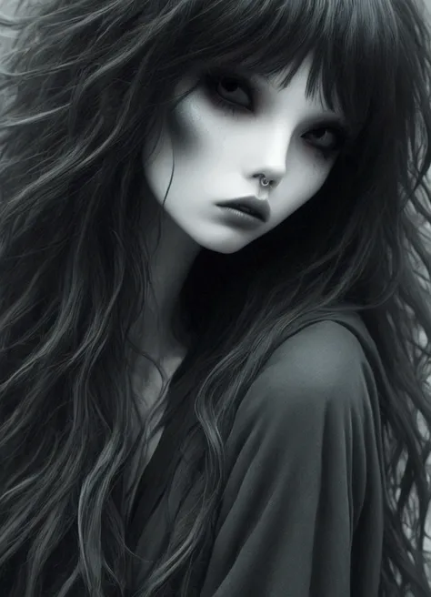 arafed woman with long black hair and a furry hat, black bangs, she has black hair with bangs, with a dark fringe, hair blackbangs hair, with haunted eyes and dark hair, long black hair with bangs, with full bangs, desaturated!!, with haunted eyes and craz...