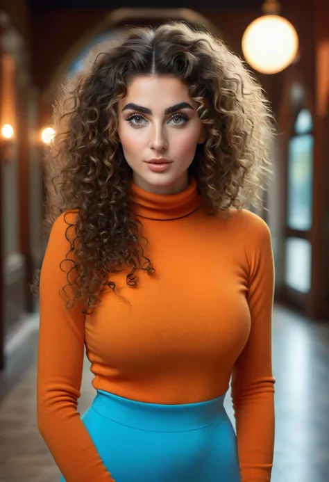 A beautful jeish women with a thik bush unibrow and a large bulbous nose. brown hair that is extremy curly and kinky, Wearing a burnth orange undershoulder sweater dress and baby blue leggings. Ultra HD, with Rococo he symmetrical face, photorealistic phot...