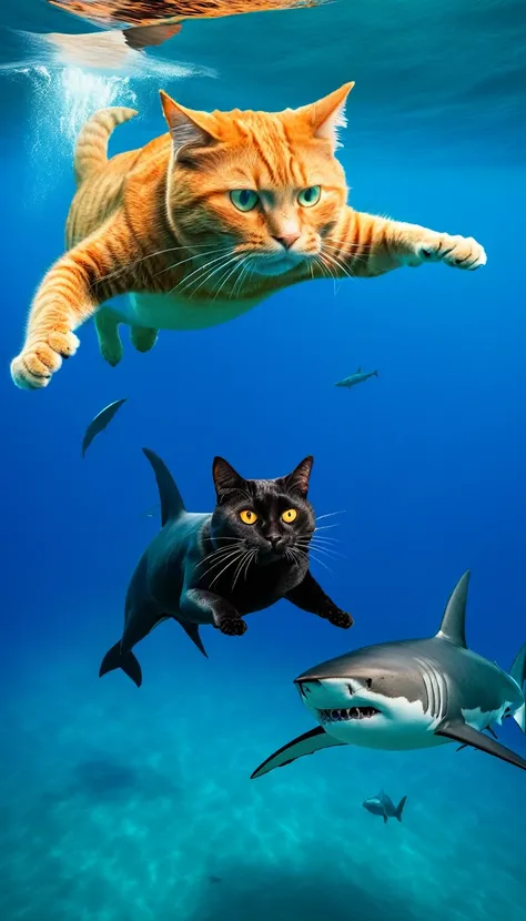 A fat ginger cat and a fat black cat . both are chasing a shark in the deep ocean