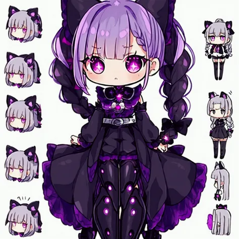 woman 170 cm tall, medium chest, wide hip, slim build, charming look, ((whole body)), (((character design sheet: front view))), (dark blonde hair, ((hip length wavy hair, asymmetrical bangs, star hairpin)), (She has a short braid tied with an elegant purpl...