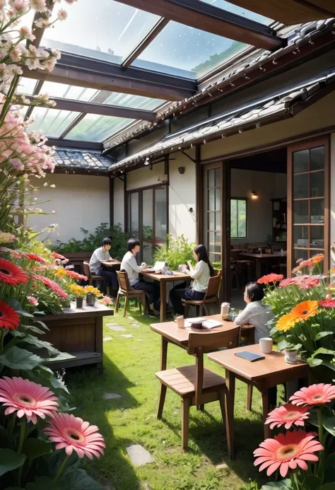 wood、Grass、Surrounded by flowers　people々are smiling happily and talking　There is a long desk　There is a chair　An open-air cafe in the middle of nature　The sunlight pours in　The  is studying　Adults are working　大peopleと子供が話をしている　大peopleと子供は笑顔　子供は16歳の男の子2peop...