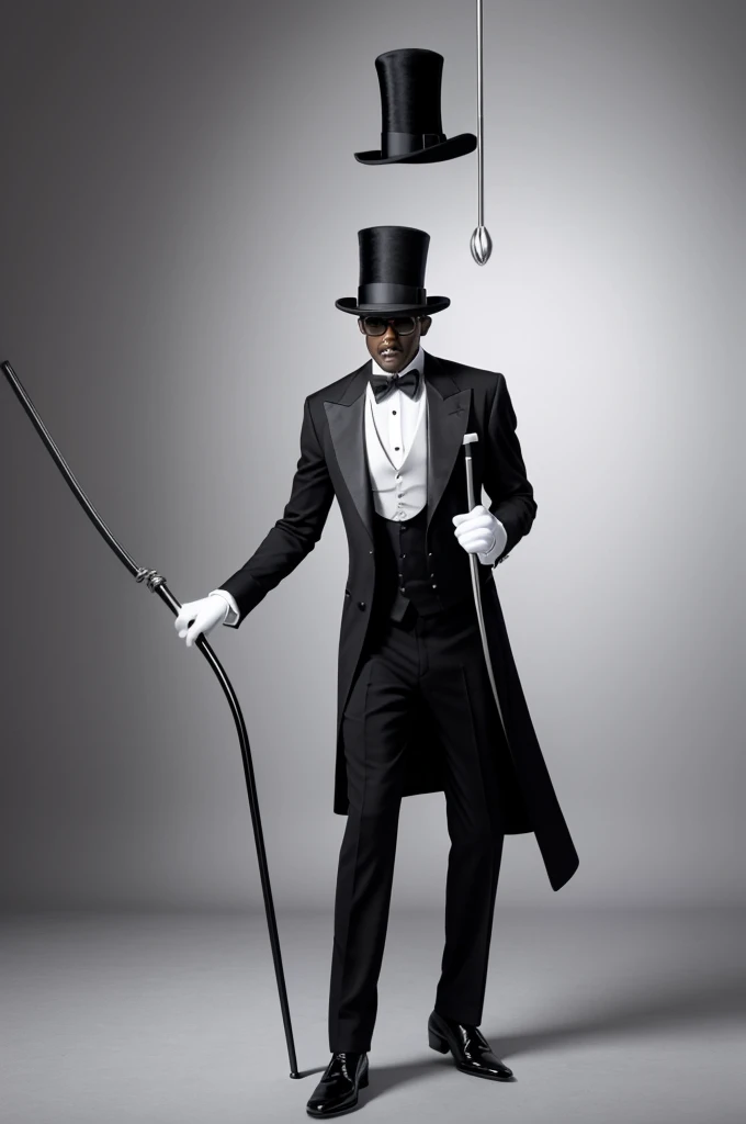 Create an image of an cartoon character invisible man dressed in a black business suit with white gloves, black dress shoes, a top hat, and carrying a black cane with a silver handle. The mans body is completely invisible, making only the suit, hat, and ca...