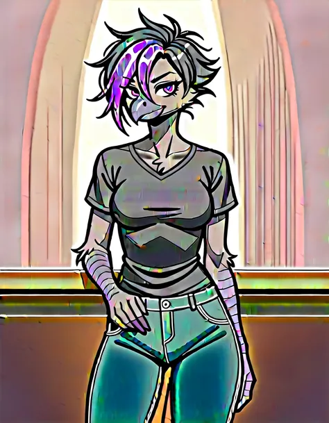 score_9, score_8_up, score_7_up, sera, kemono style, Anthro black avian, puffed up feathered chest fluff, purple eyes, tall slender body, , black hair with purple highlights, female, wearing black t shirt, in a bar, she is the bartender, standing behind th...