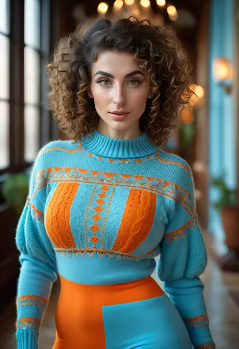 A beautful jewish women with a thick bush unibrow and a large bulbous nose. brown hair that is extremy curly and kinky, Wearing a orange undershoulder sweater dress and baby blue leggings. Ultra HD, with Rococo he symmetrical face, photorealistic photograp...