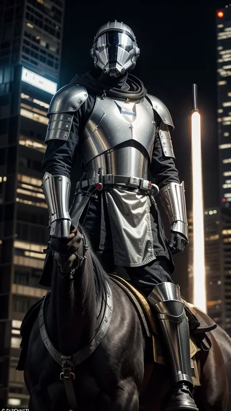 A medieval knight in the center of São Paulo holding a lightsaber in his right hand, wearing an astronaut helmet that reflects the surrounding skyscrapers. Mounted on a majestic black horse, he looks like an anachronistic and futuristic figure at the same ...