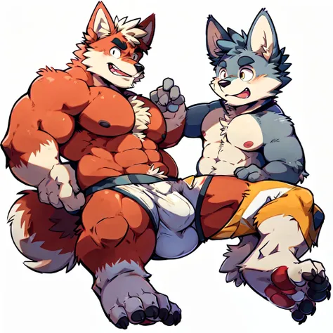 Wolf, By Haps, 1boy, abs, animal ears, bara, bulge, full body, white background, Seminude, Boxers, side, Falling, feet