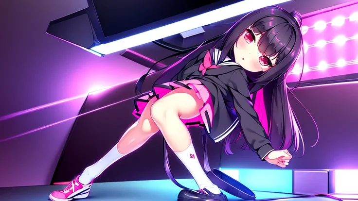 beautiful girl incredible quality 4k vtuber with red eyes black hair with pink ribbon short pleated skirt sailor style blouse long sleeve white long stockings pink tennis shoes with black vtuber youtuber in recording studio room pc gamer background with mi...