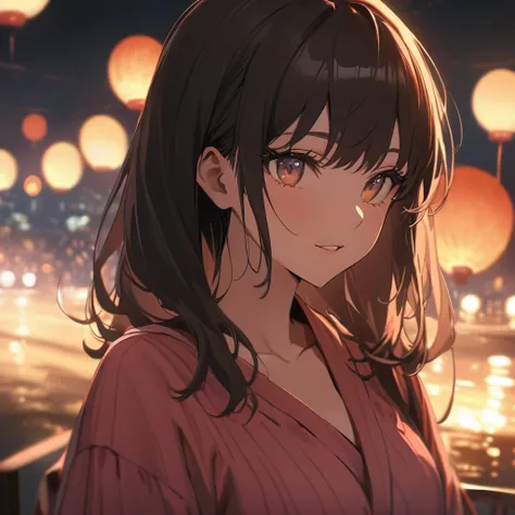 One girl、(((最high quality)), ((masterpiece)), (detailed), masterpiece, 最high quality, high quality, 超detailed, Perfect Face, ((One girl, Black Bob Hair,))、Shiny Hair、Glowing Skin、(yukata)、Sandals、Small Breast Summer、port、(firework)