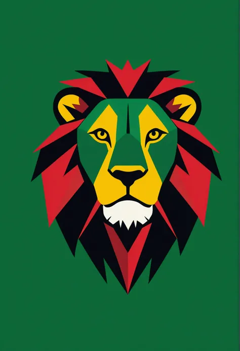 minimalist geometric logo of a lion in green,yellow,rot, jamaica flag background power, strength