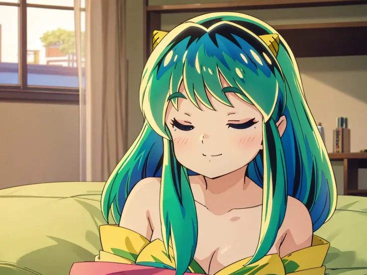 masterpiece, Highest quality, 1 Girl, Lum, 比基尼, anime, overhead shot, Sleeping with eyes closed, Taking a break, leaning back, Mature, 18-year-old, Smile, Japan, High definition, Green Hair, Apartment living room