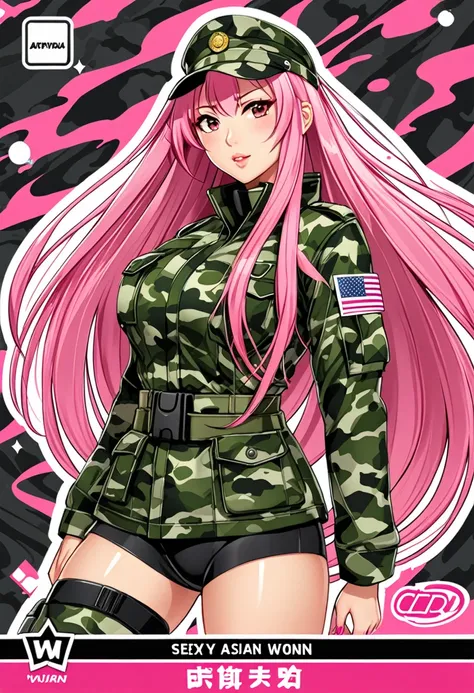 Sexy asian woman, very long pink hair, athletic, camo military style outfit, sexy waifu, trading card style art