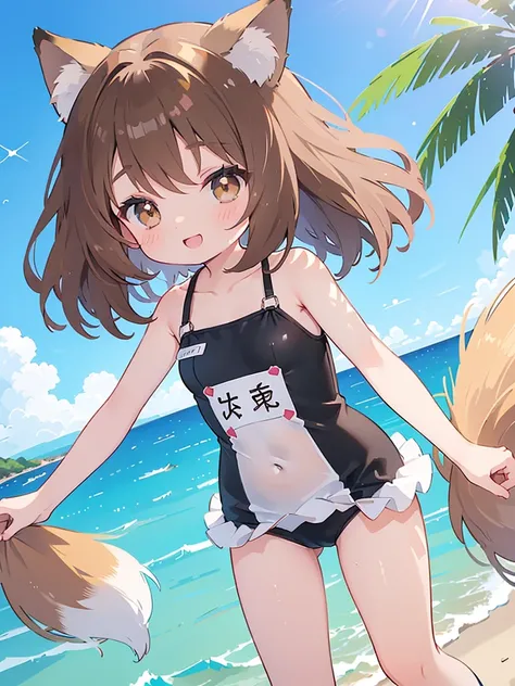 A cute little lowteen anime girl, short brown wavy hair, id shot, anime style, big shiny brown eyes, fox ears, 11 years old, summer, swimsuits,seaside,smile