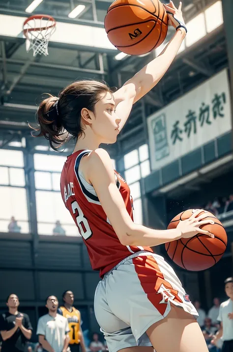 (((best quality))), (((ultra detailed))), (((masterpiece))), illustration, ((1girl,female basketball player,solo)),(slam dunk:1.3),(dunking in the air:1.3), intensity, determined expression, flushed face, perspiration, almond-shaped eyes, mesh jersey, team...