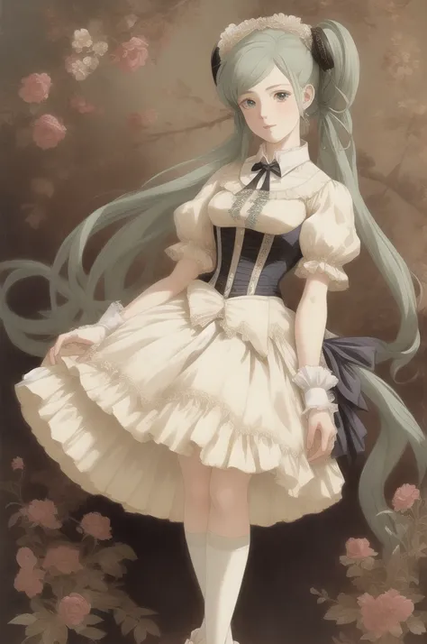 Anime art style, 1860, victorian era, petticoat, shiny fabric, crinoline, crinoline skirt, silk, cotton, oil painting, Romanticism, Hatsune Miku,