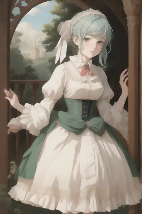 Anime art style, 1860, victorian era, petticoat, shiny fabric, crinoline, crinoline skirt, silk, cotton, oil painting, Romanticism, Hatsune Miku,