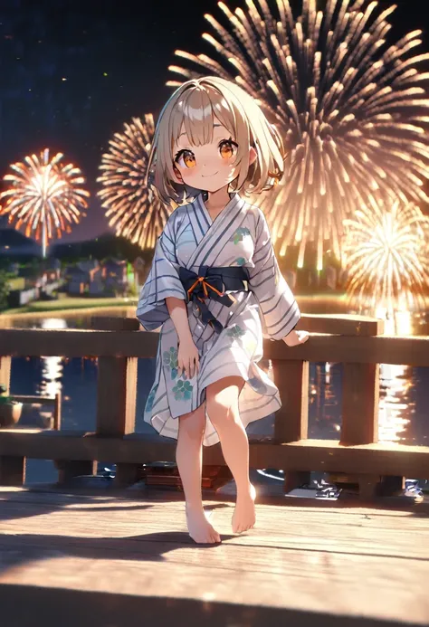 (3DLittleアニメーション:1.3),(Little Chara:1.3),(Little;1.3),Fantasy worldview,Pretty and beautiful girl,Cute round face,Cute Smile,Big ample breasts,(Wearing a yukata with a floral pattern on white fabric:1.3),Fireworks bursting into the sky with the riverbank a...