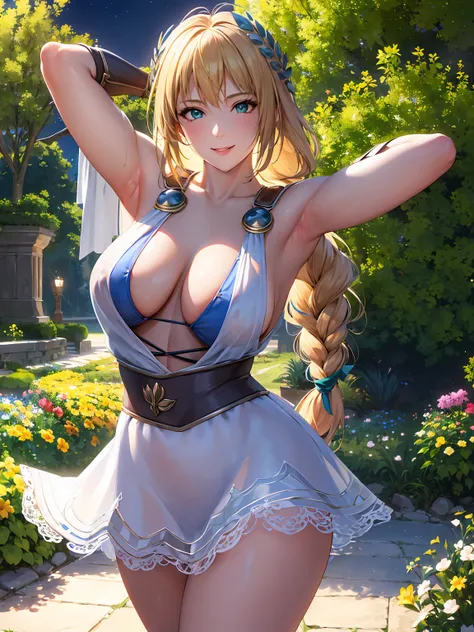 armpit show,(8k, masterpiece), high resolution, high quality (最high quality), sophitia,blonde,long hair,braiding,green, in the g...