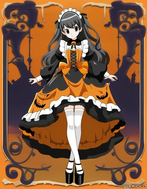 pretty maid girl dressed in a halloween outfit, in the style of anime art, light orange and dark black, white thighhighs, platform heels, orange and black, gothic style dress, vintage rococo style dress,